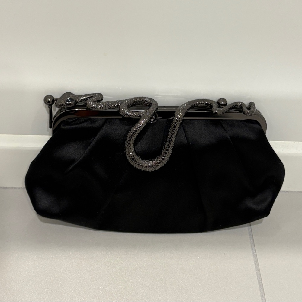 BCBGMaxAzria | Black 100% Satin Silk Clutch with Snake-Shaped Metal Closure